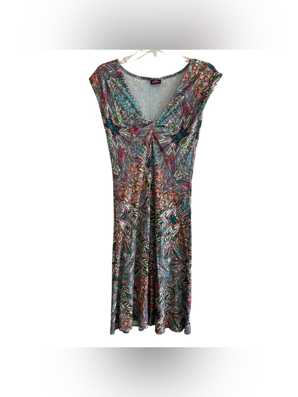 Vintage Salaam Multicolor Twist-Front V-Neck Dress Geometric Artsy USA S